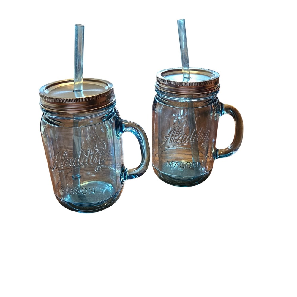 Aladdin Mason Jar Mugs Set of 2 Blue 20oz Plastic‎ Tumblers with Lids and Straws